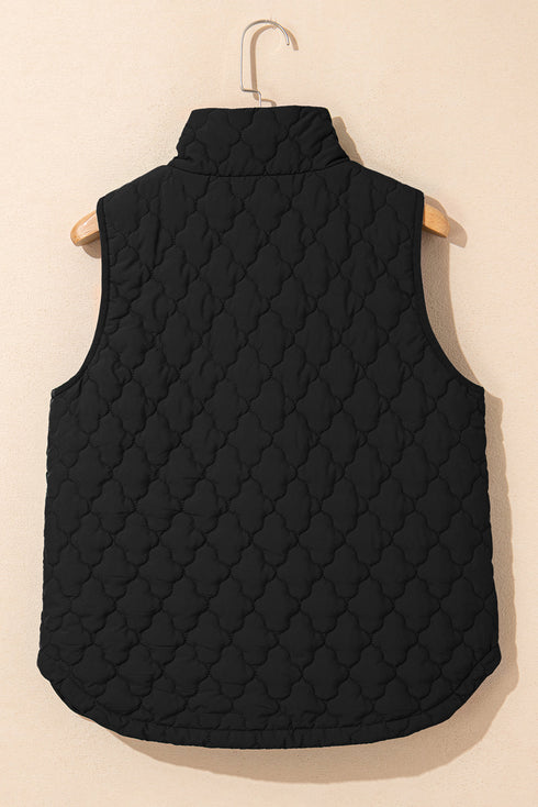 Stand Collar Flower Quilted Snap Button Zip Vests